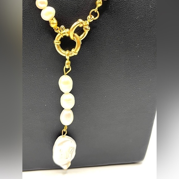 Pearl and Paperclip Chain Necklace Double Señorita Clasp GoldTone Long Lariat - Picture 10 of 15